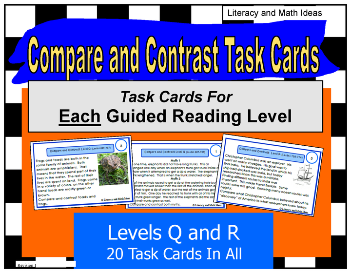Compare and Contrast Task Cards For Each Guided Reading Level (Levels Q and R)