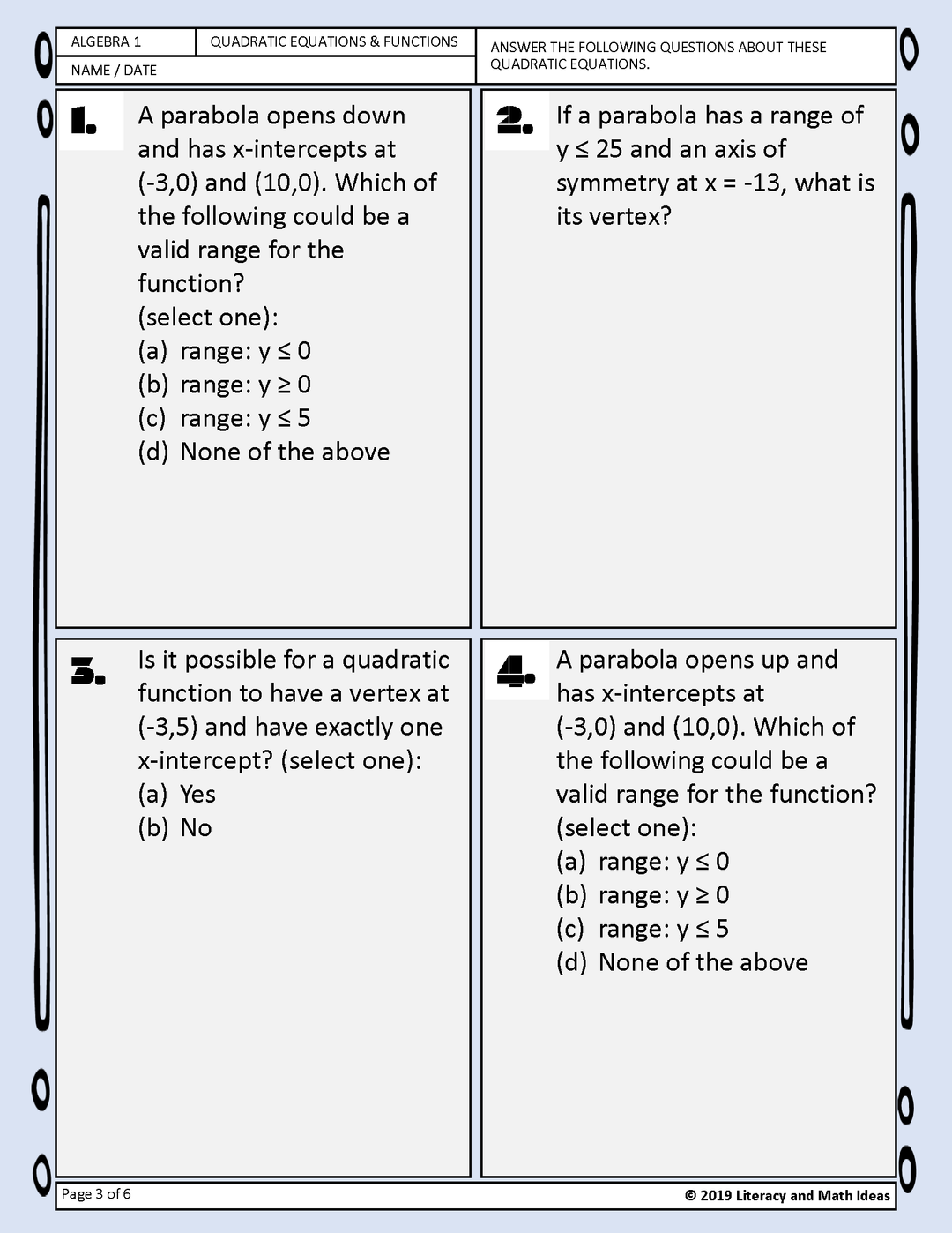 Algebra: Understanding the Characteristics of Quadratic Functions