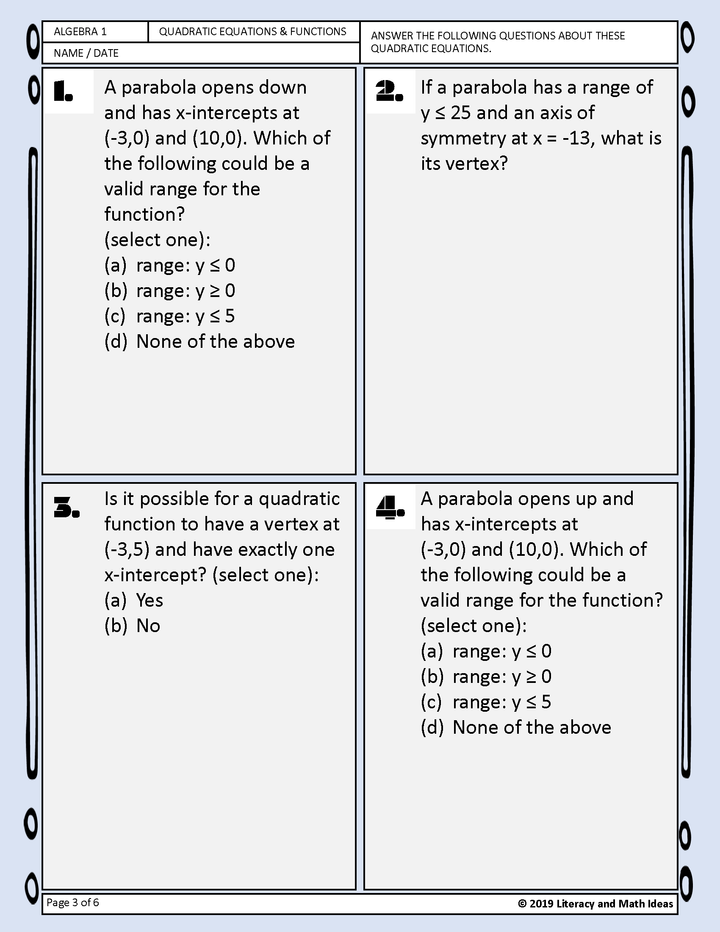 Algebra: Understanding the Characteristics of Quadratic Functions