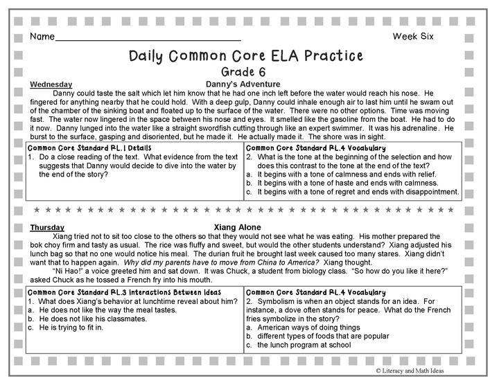 Grade 6 Daily Common Core Reading Practice Weeks 6-10