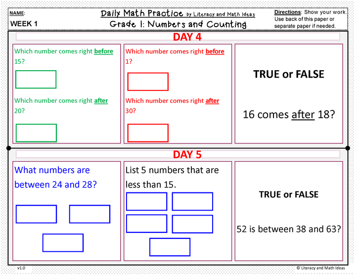 Daily Math Practice (Grade 1) August