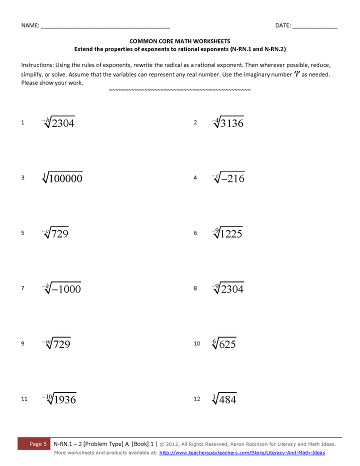 Worksheets for Common Core Math N-RN.1 and N-RN.2 Rational Exponents (Book A1)
