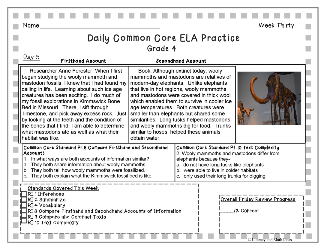Grade 4 Daily Common Core Reading Practice Weeks 26-30