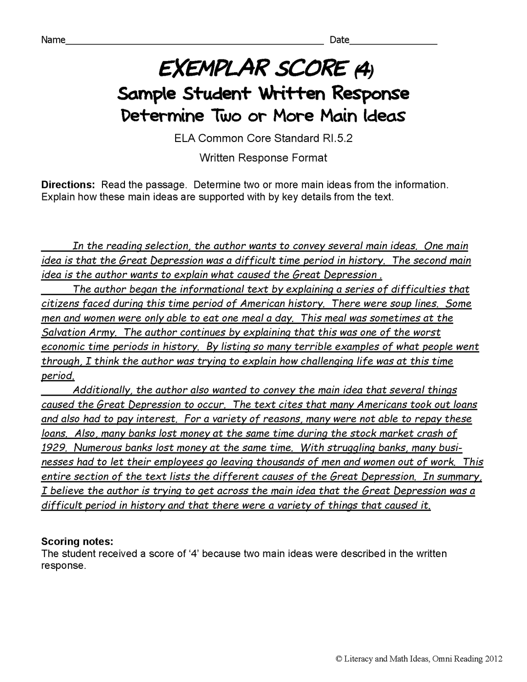 Grade 5 Common Core Assessments: Determine Two or More Main Ideas RI.5.2