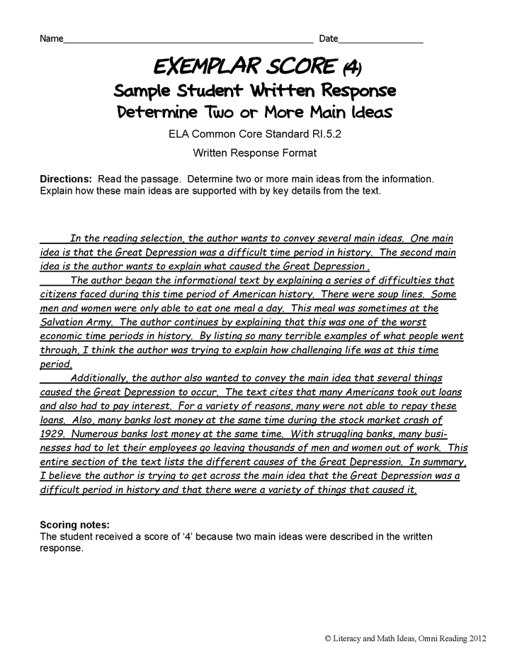 Grade 5 Common Core Assessments: Determine Two or More Main Ideas RI.5.2
