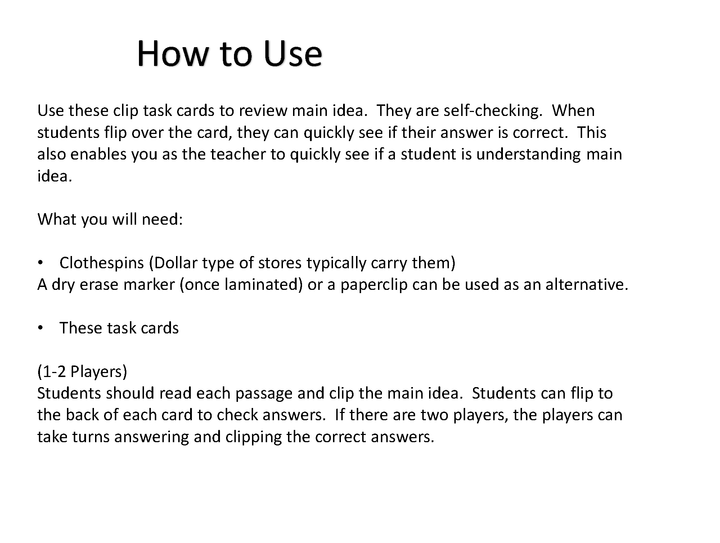 Differentiated (Leveled) Main Idea Clip Task Cards, Centers, & Bonus Worksheets