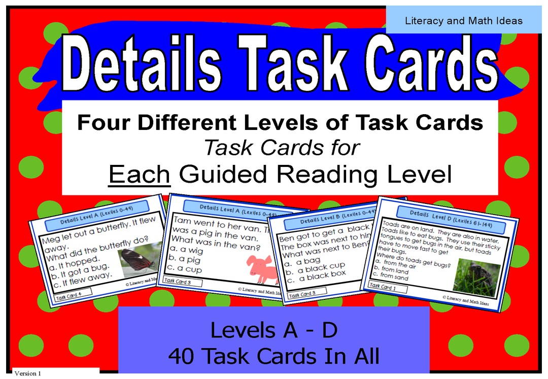 Details Task Cards Lexile/Guided Reading Levels 0-149 (Levels A,B,C,D)