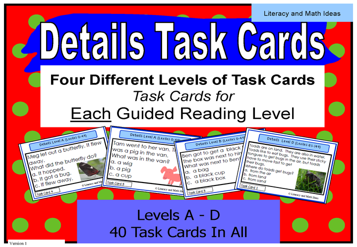 Details Task Cards Lexile/Guided Reading Levels 0-149 (Levels A,B,C,D)
