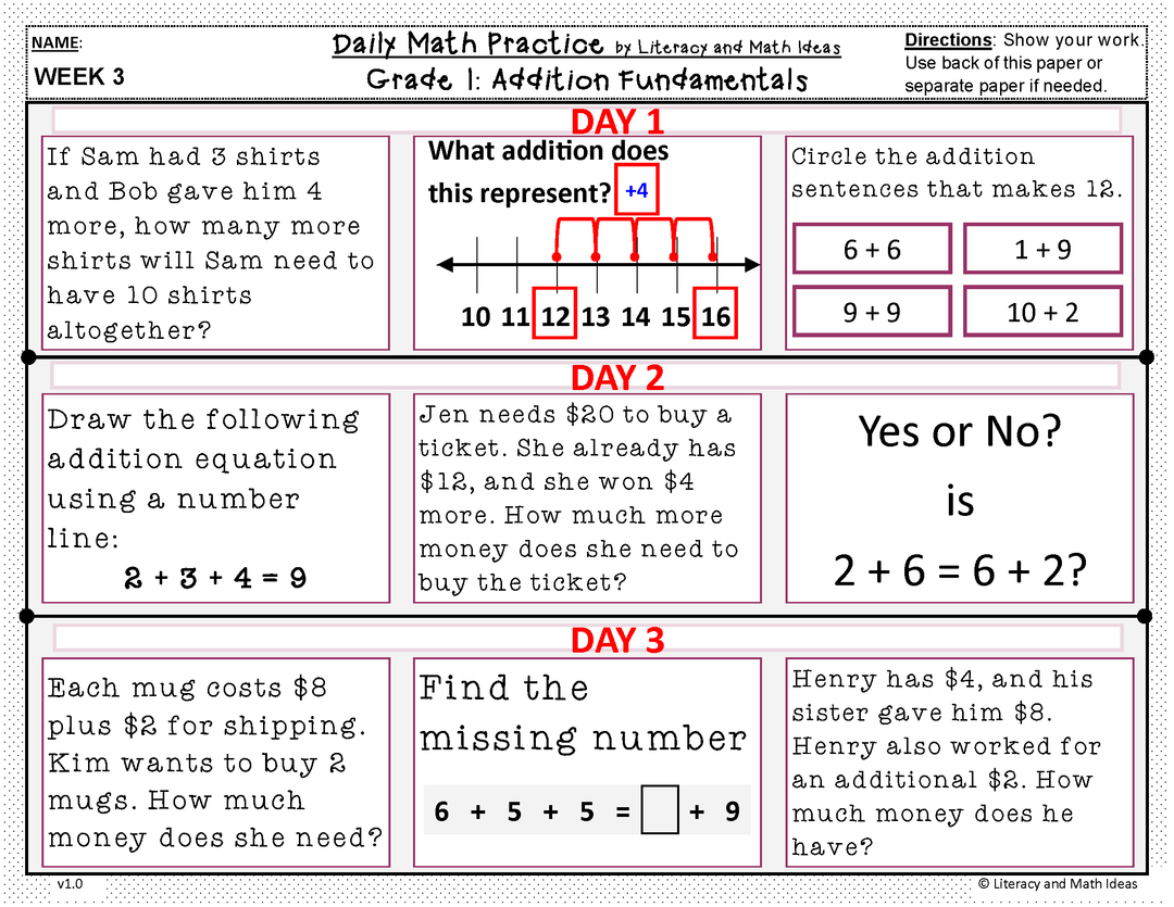 Daily Math Practice (Grade 1) September