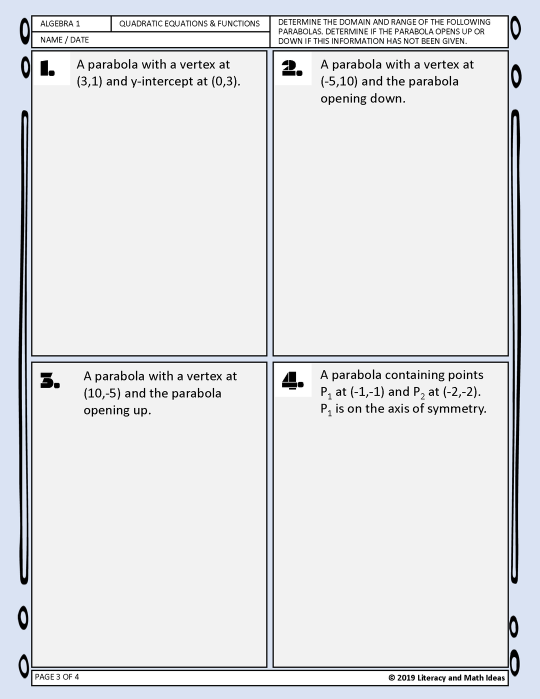Algebra 1: Identifying the Range/Domain of Quadratic Functions (Parabolas)