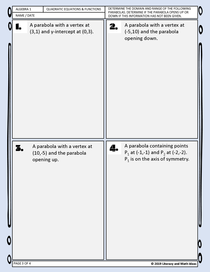Algebra 1: Identifying the Range/Domain of Quadratic Functions (Parabolas)