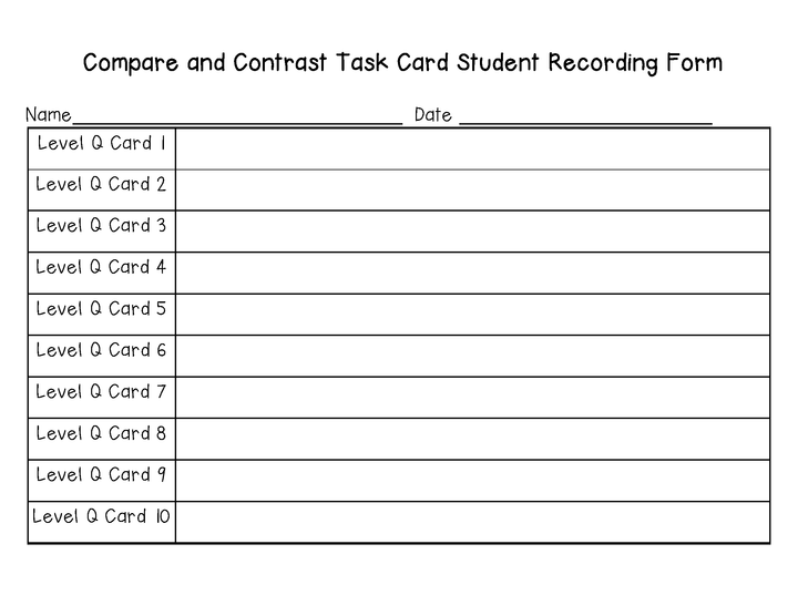 Compare and Contrast Task Cards For Each Guided Reading Level (Levels Q and R)