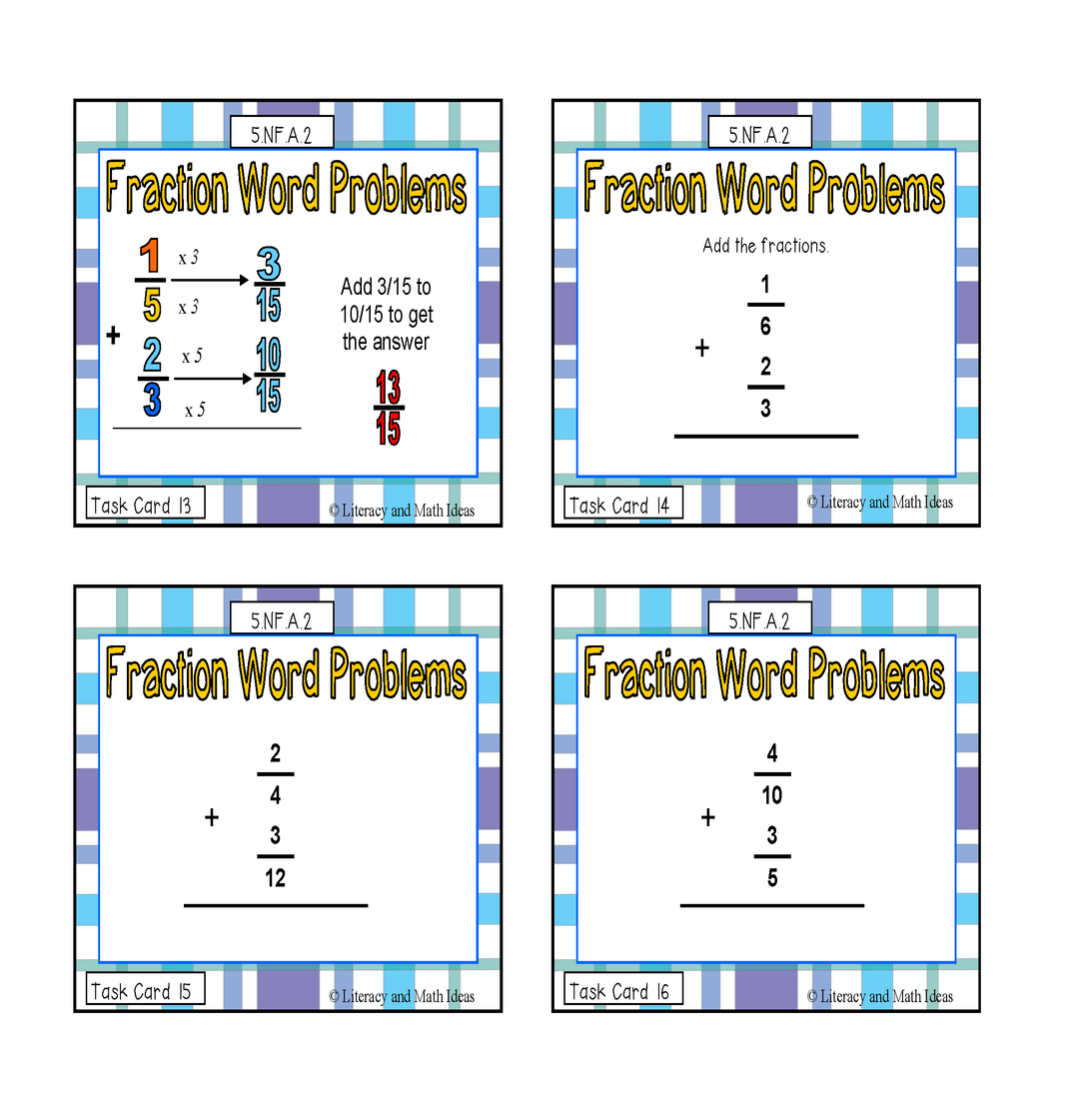 Common Core Math Task Cards: 5.NF.A.2 Fraction Word Problems