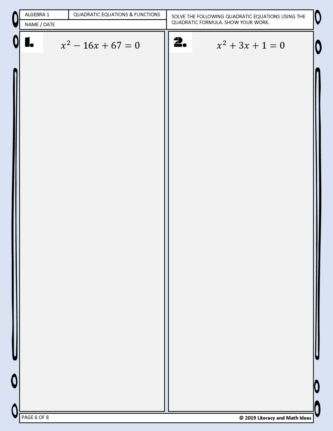 Algebra 1: Using the Quadratic Formula