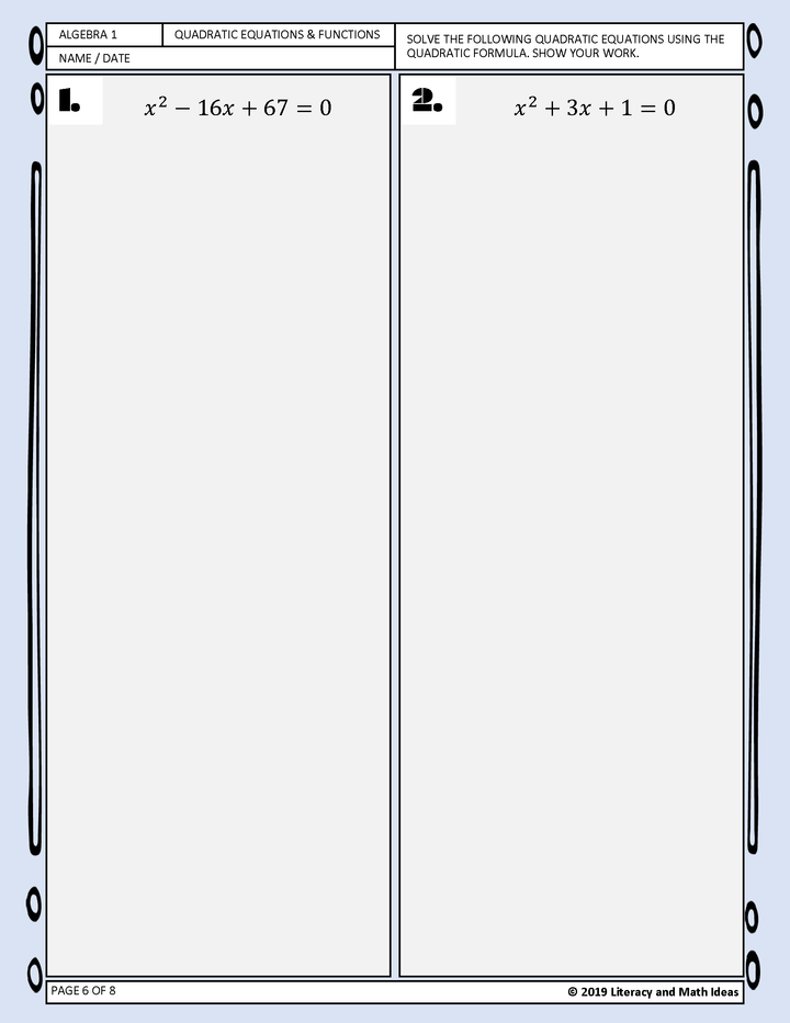 Algebra 1: Using the Quadratic Formula