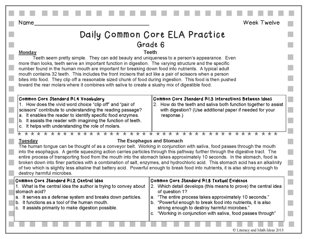 Grade 6 Daily Common Core Reading Practice Weeks 11-15