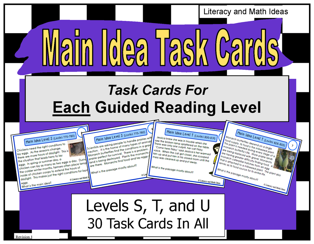 Main Idea Task Cards (Guided Reading Levels S,T,and U) Lexiles 775-886