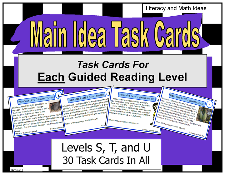 Main Idea Task Cards (Guided Reading Levels S,T,and U) Lexiles 775-886