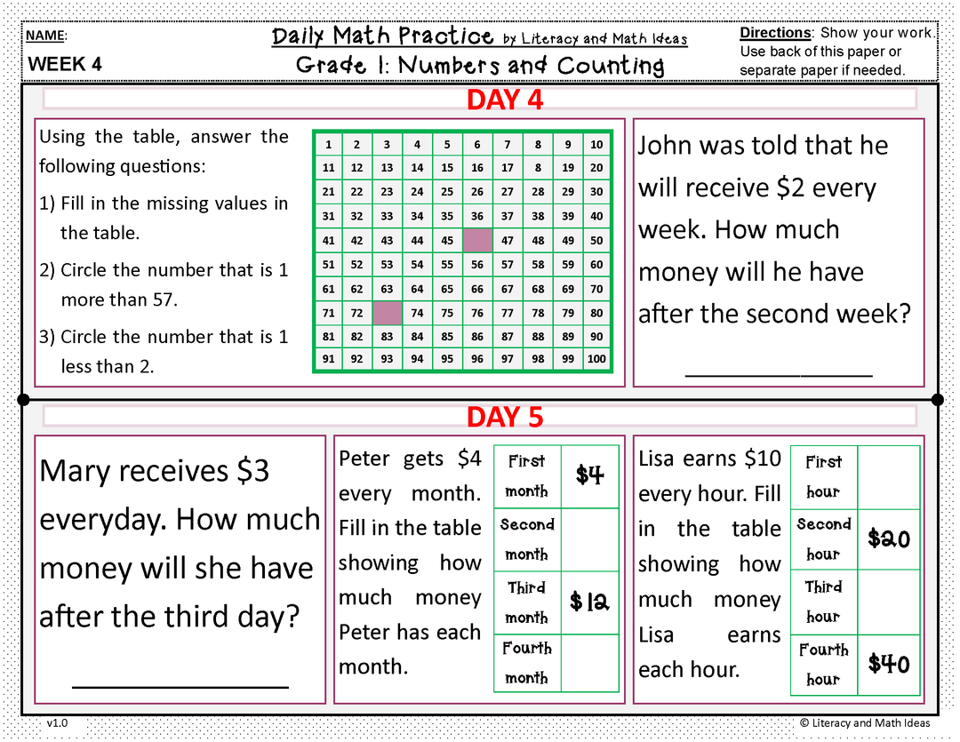 Daily Math Practice (Grade 1) August