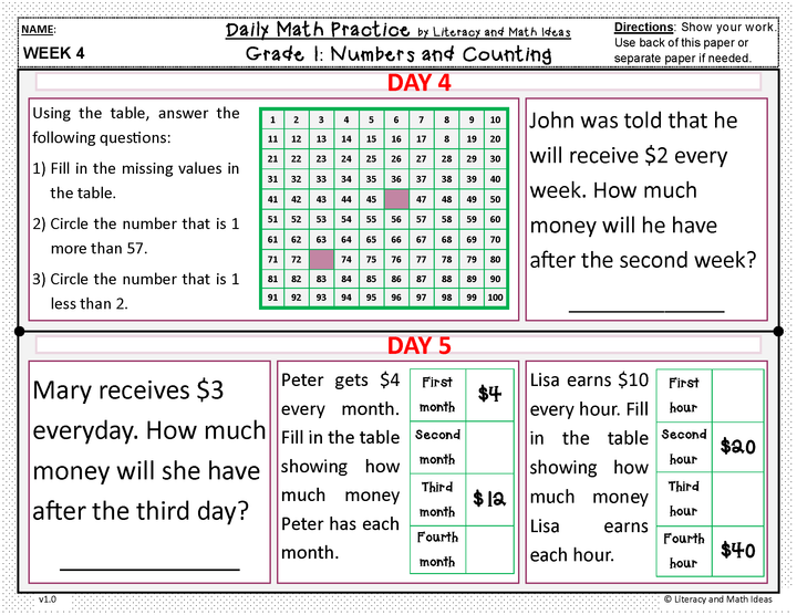 Daily Math Practice (Grade 1) August