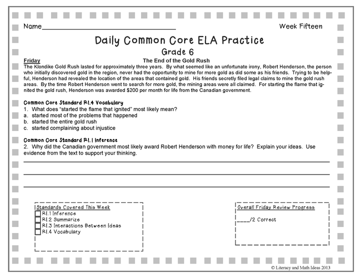 Grade 6 Daily Common Core Reading Practice Weeks 11-15