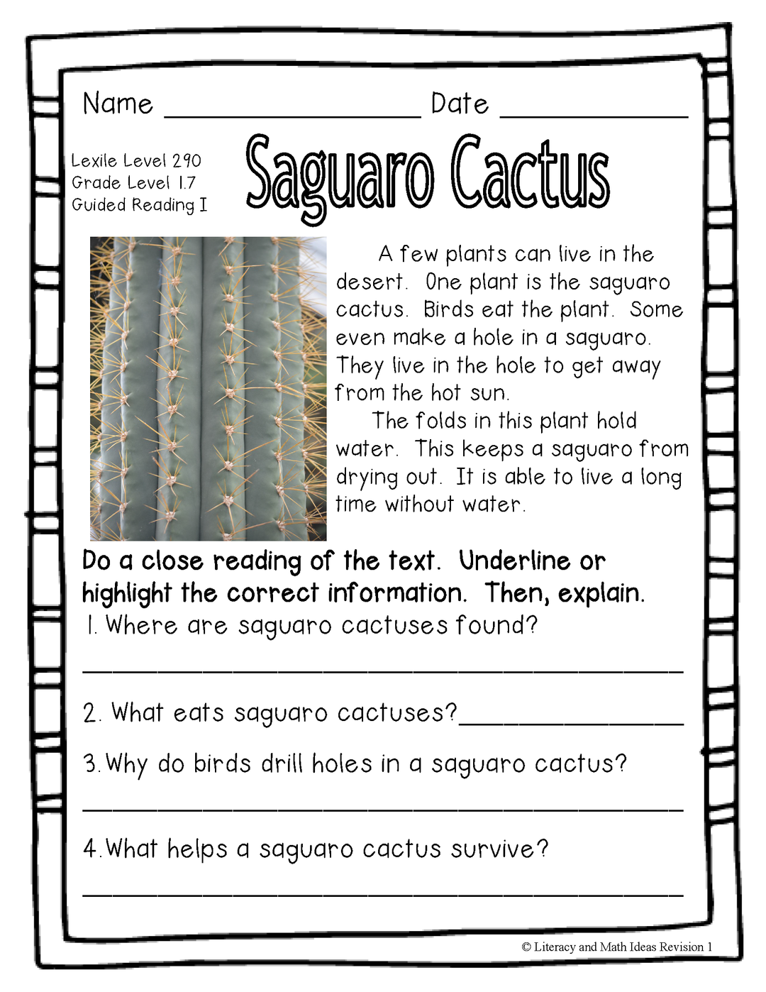 (Plants) Leveled Passages Guided Reading Levels I,J,K (Lexiles 290-440)
