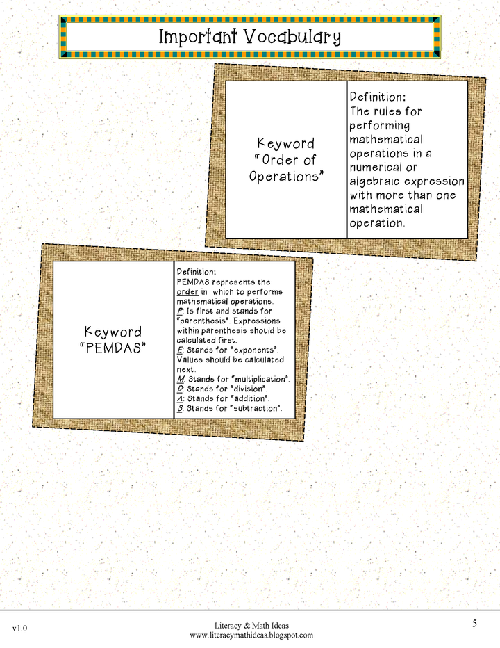 Grade 5 Common Core Interactive Notebook Operations and Algebraic Thinking