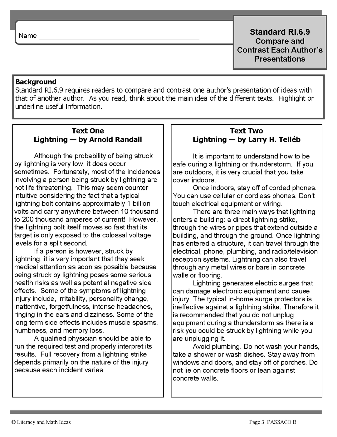 Compare Author's Ideas Grade 6 Common Core RI.6.9