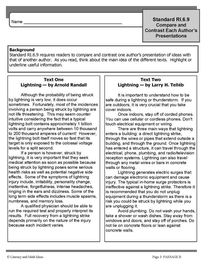 Compare Author's Ideas Grade 6 Common Core RI.6.9