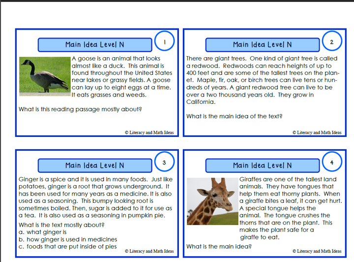 Main Idea Task Cards For Each Guided Reading Level (Levels N,O,P)