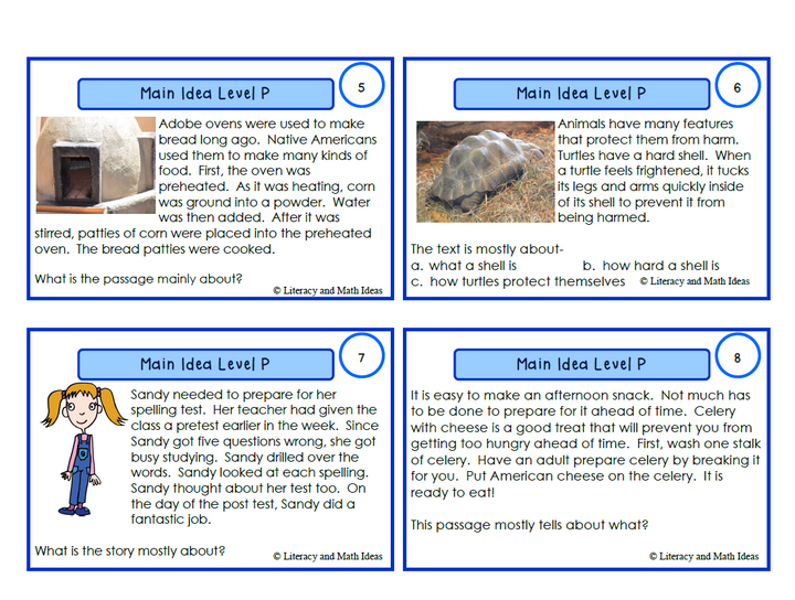 Main Idea Task Cards For Each Guided Reading Level (Levels N,O,P)
