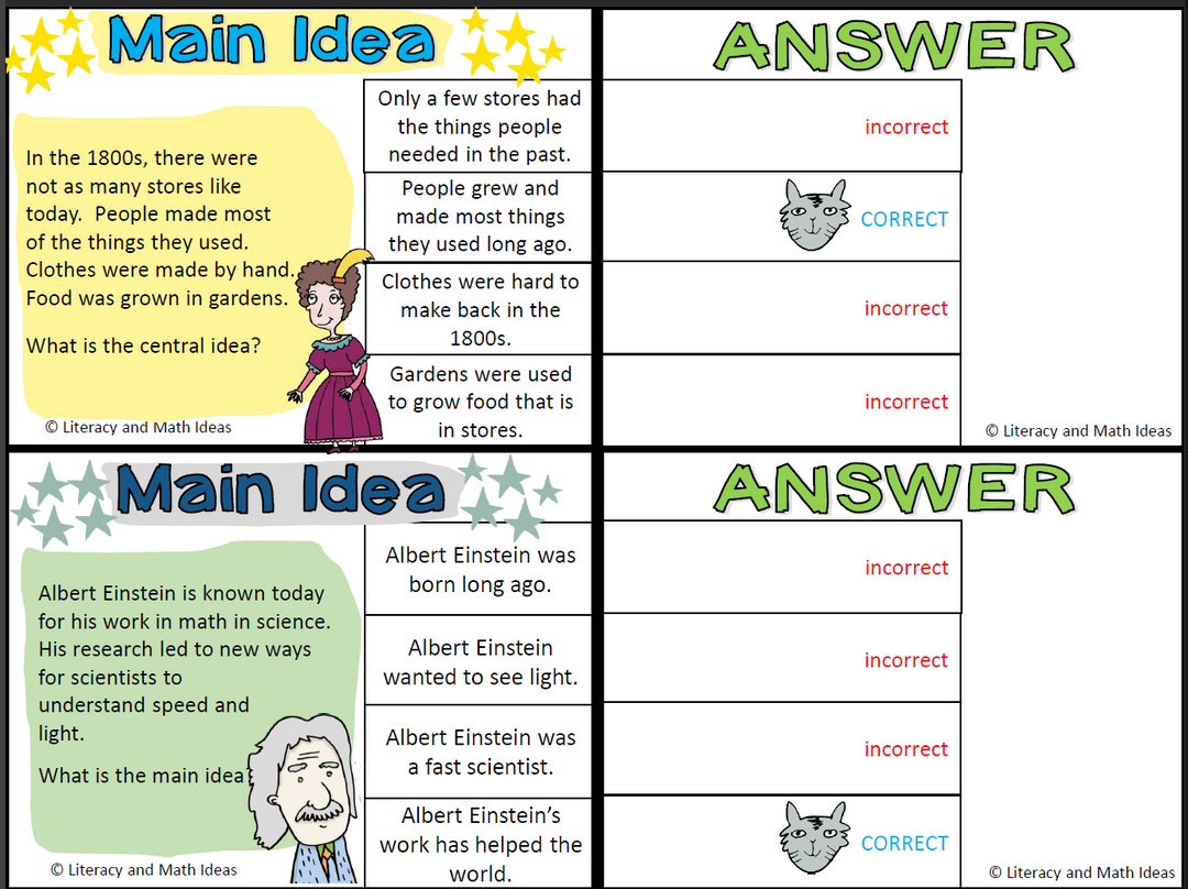 Differentiated (Leveled) Main Idea Clip Task Cards, Centers, & Bonus Worksheets