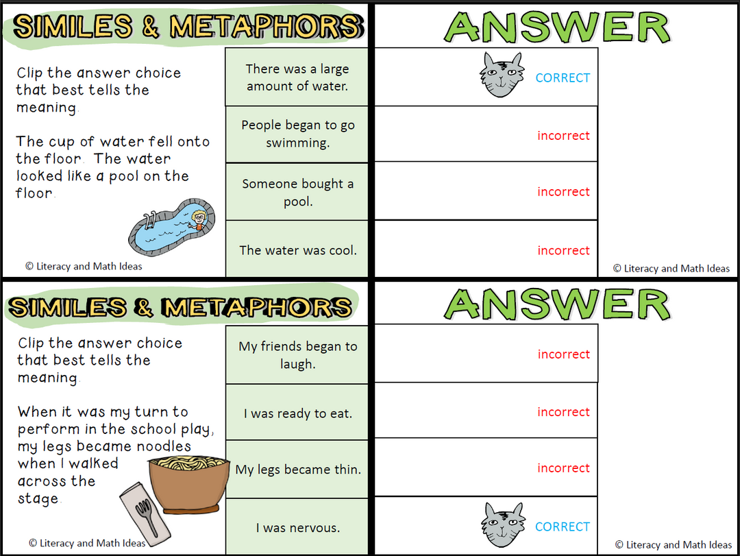 Self-Checking and Printable Simile and Metaphor Task Cards, Clip Cards + More