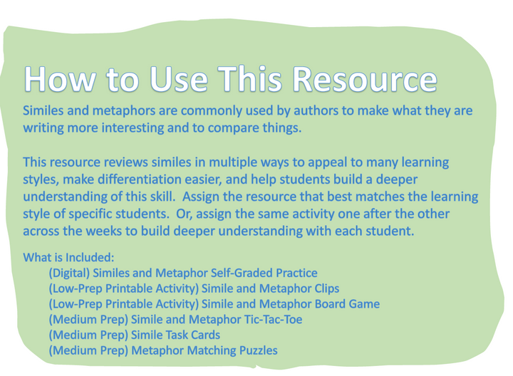 Self-Checking and Printable Simile and Metaphor Task Cards, Clip Cards + More