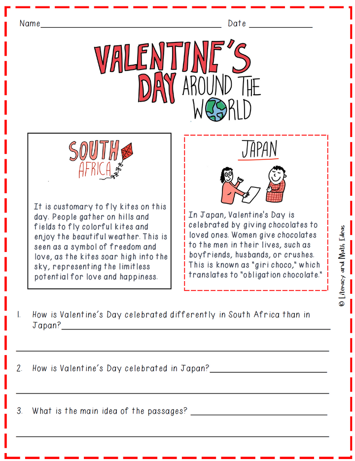 Valentine's Day Around the World Worksheet, Writing, & Game