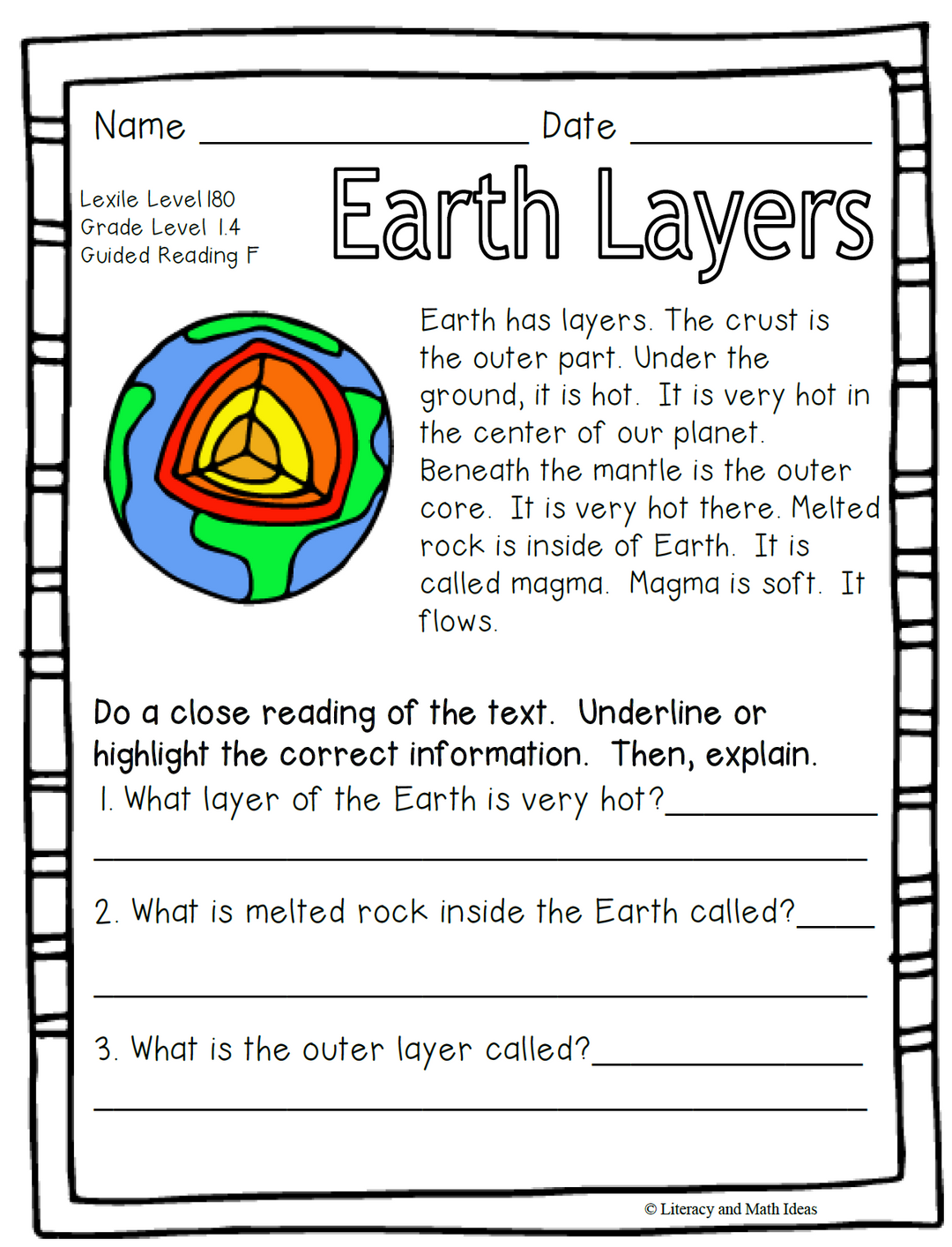 (Earth Science) Leveled Passages Guided Reading Levels F,G,H (Lexiles 175-275)