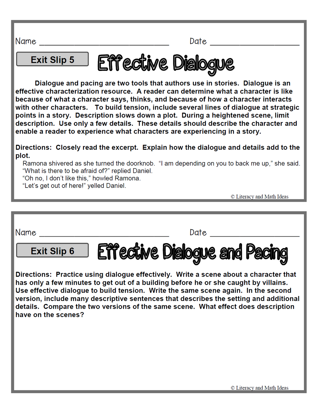 Narrative Writing Exit Slips
