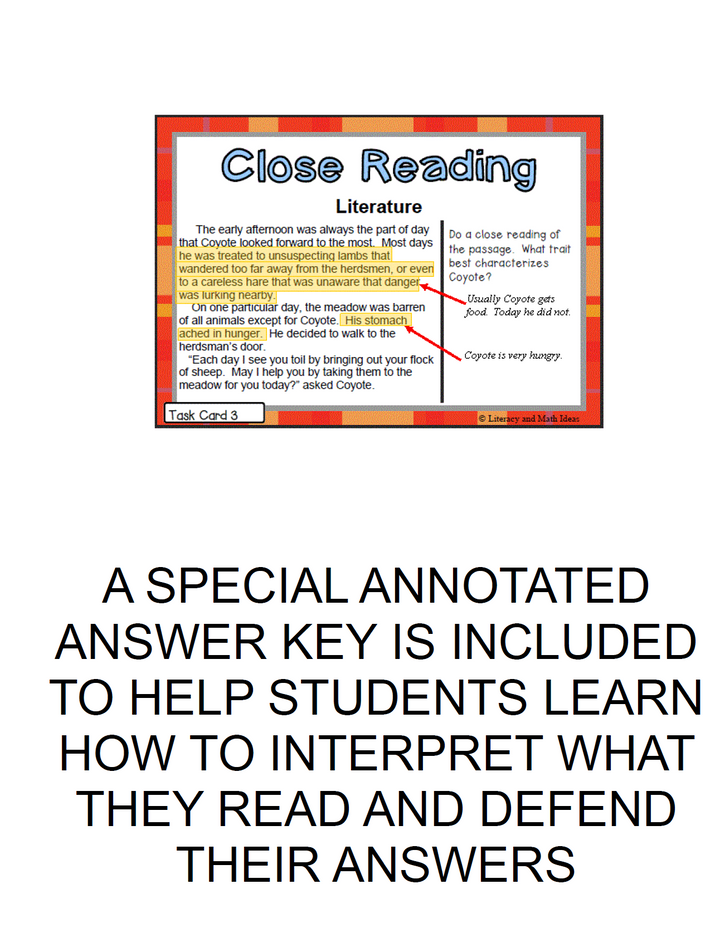 Close Reading Literature Passages Task Cards