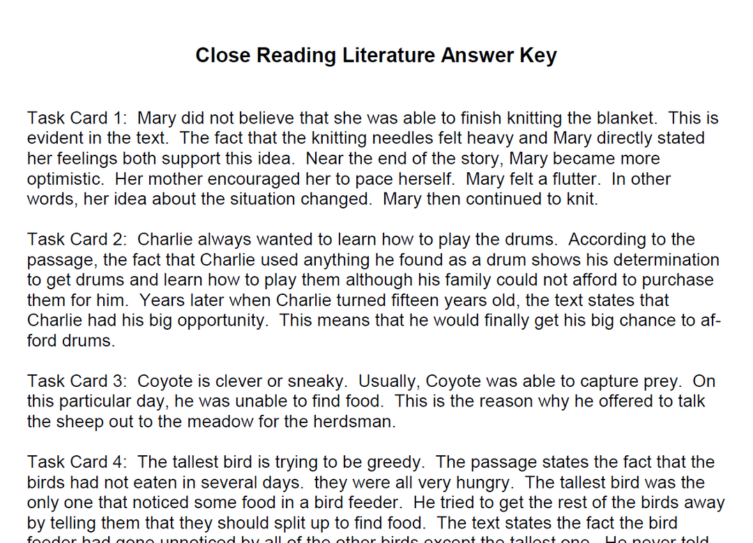 Close Reading Literature Passages Task Cards