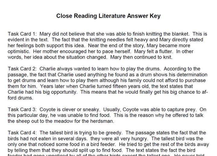 Close Reading Literature Passages Task Cards