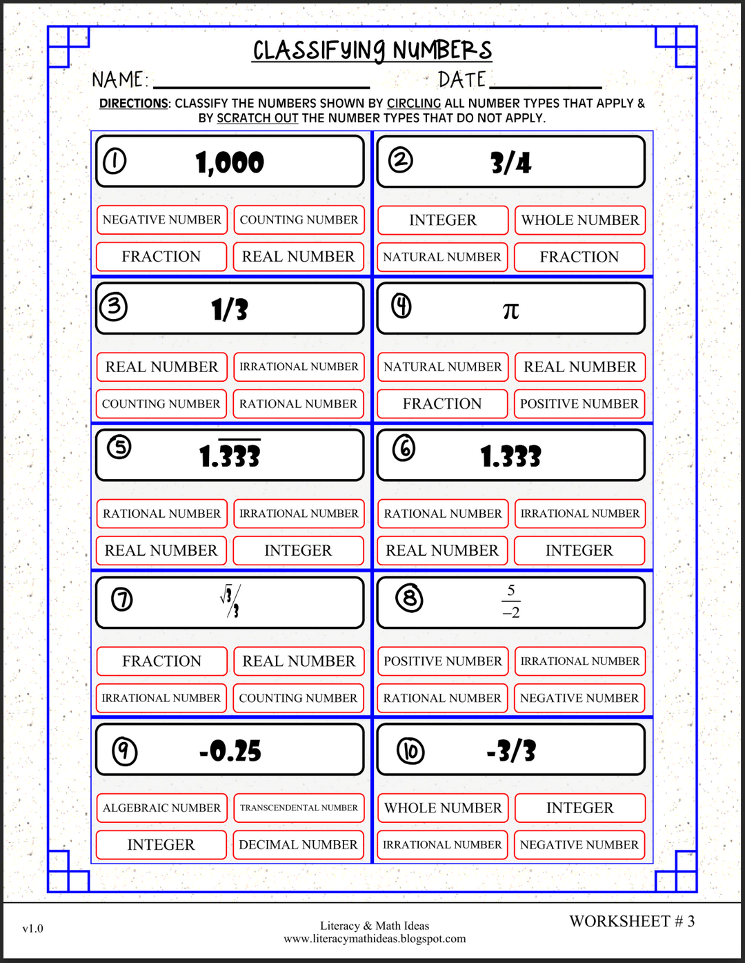 Algebra 1 Classifying Numbers