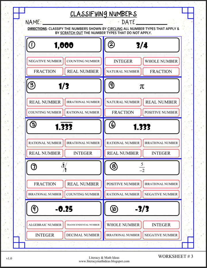 Algebra 1 Classifying Numbers