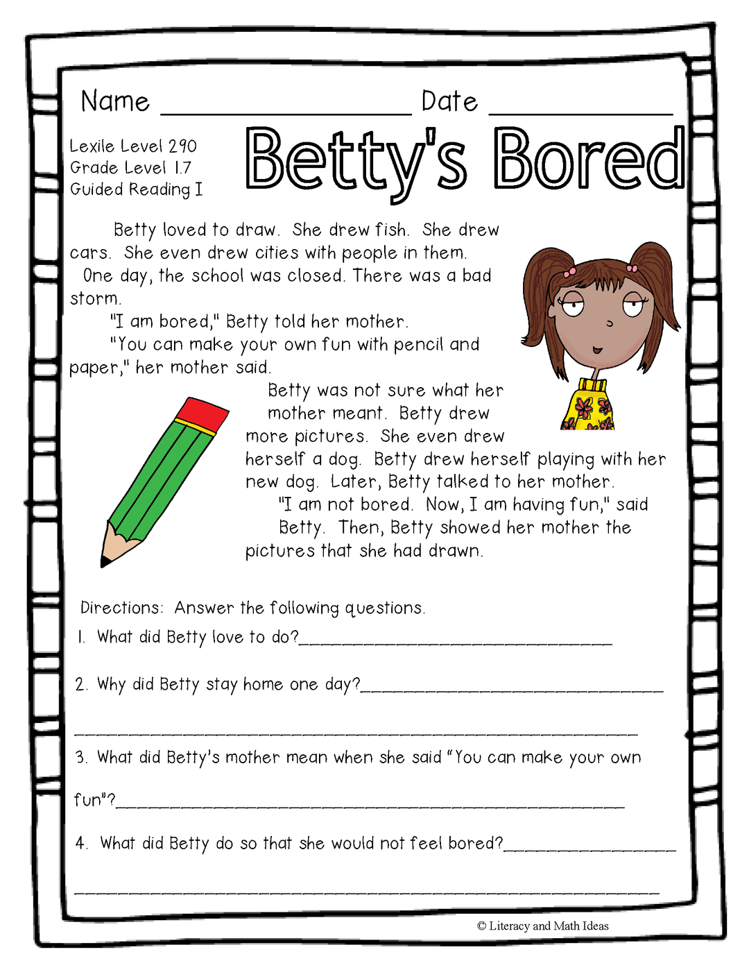 (Fiction) Leveled Passages Guided Reading Levels I,J, K (Lexiles 290-440)