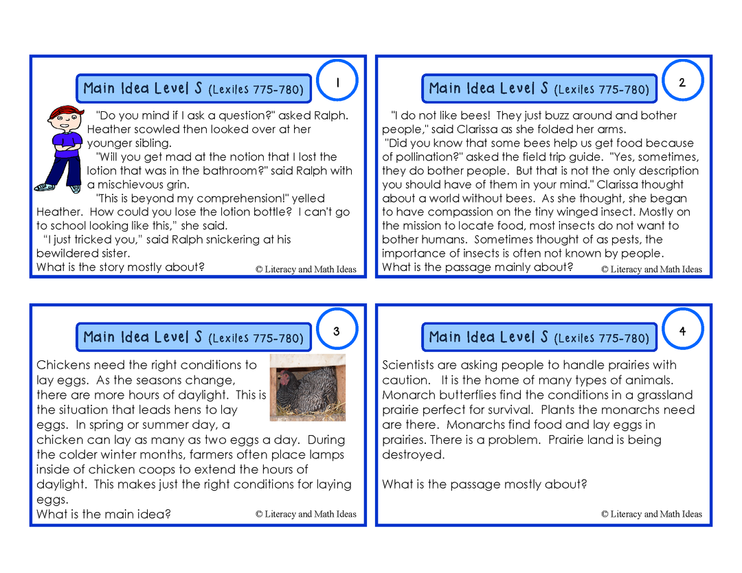 Main Idea Task Cards (Guided Reading Levels S,T,and U) Lexiles 775-886