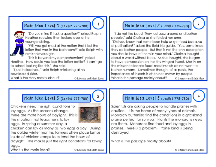 Main Idea Task Cards (Guided Reading Levels S,T,and U) Lexiles 775-886