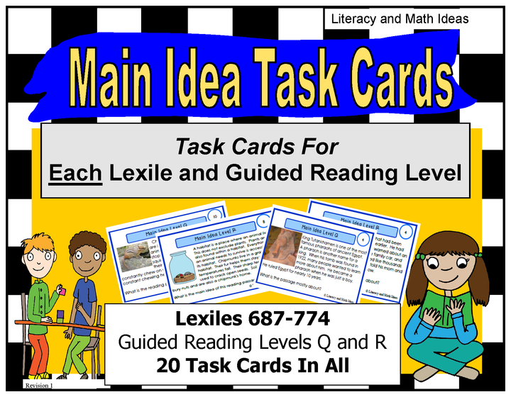 Main Idea Task Cards (Decodable and Leveled) Guided Reading (Levels Q and R)
