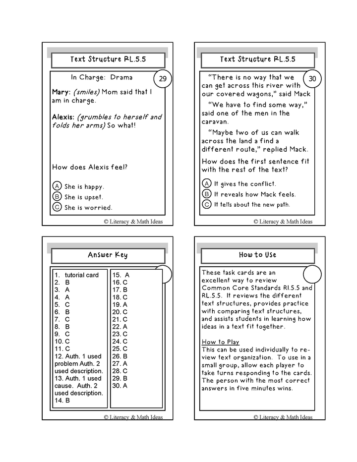 Text Structure Activity Cards Grade 5 Common Core RI.5.5 & RL.5.5