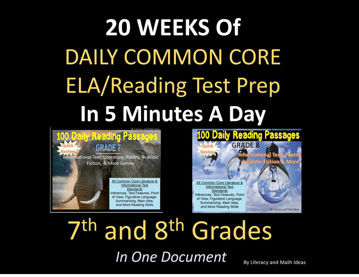 Grades 7 and 8 (In One Bundle) Daily Common Core Reading Practice Weeks 1-20