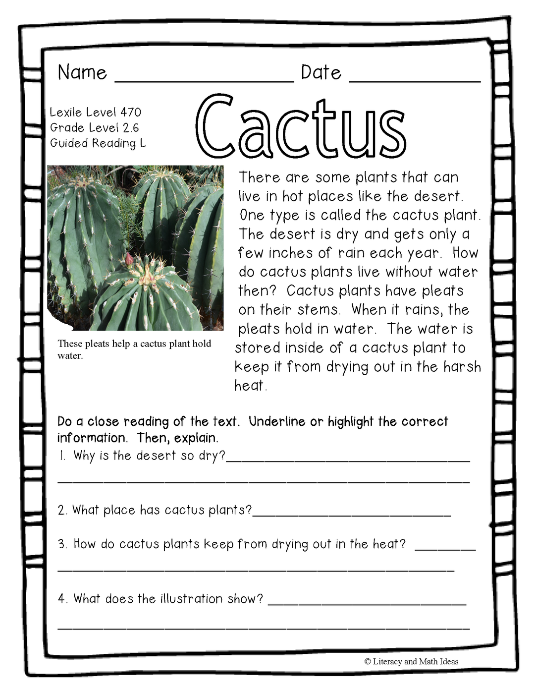 (Plants) Leveled Passages Guided Reading Levels L,M, N (Lexiles 450-560)