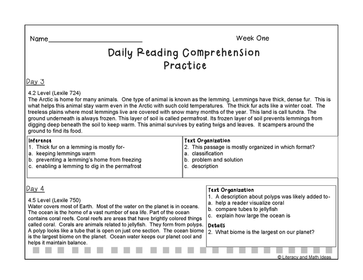 Grade 4 Daily Reading Comprehension Weeks 1-4 (Lexiles 721-774)